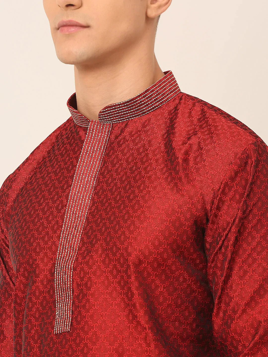 Jompers Men's Silk Blend Collar Embroidered Kurta only - Maroon