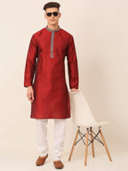 Jompers Men's Silk Blend Collar Embroidered Kurta only - Maroon