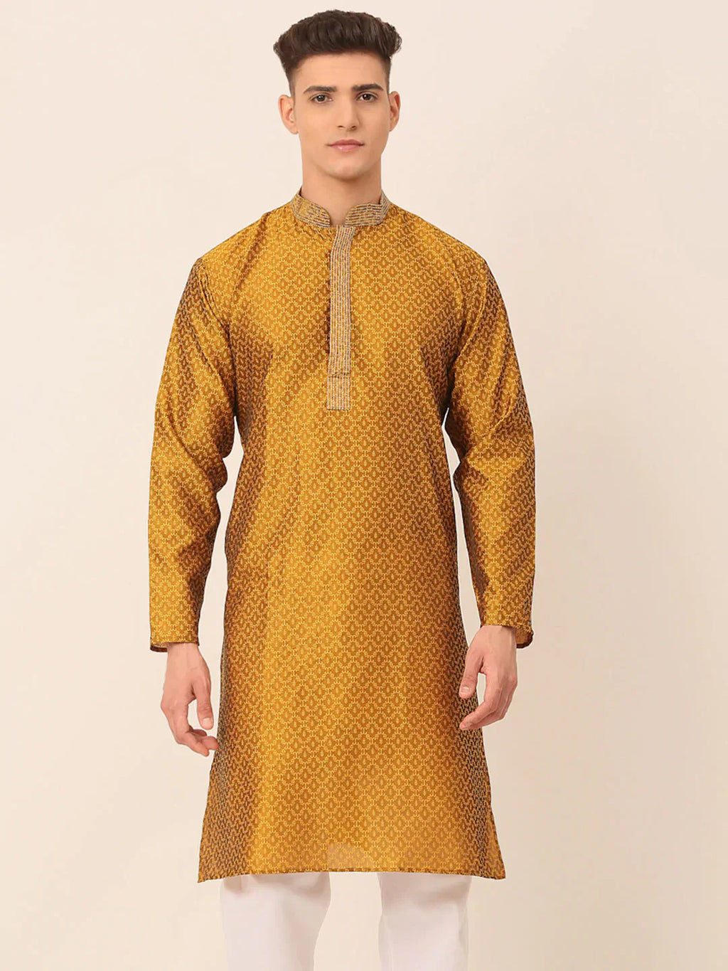 Jompers Men's Silk Blend Collar Embroidered Kurta only - Mustard