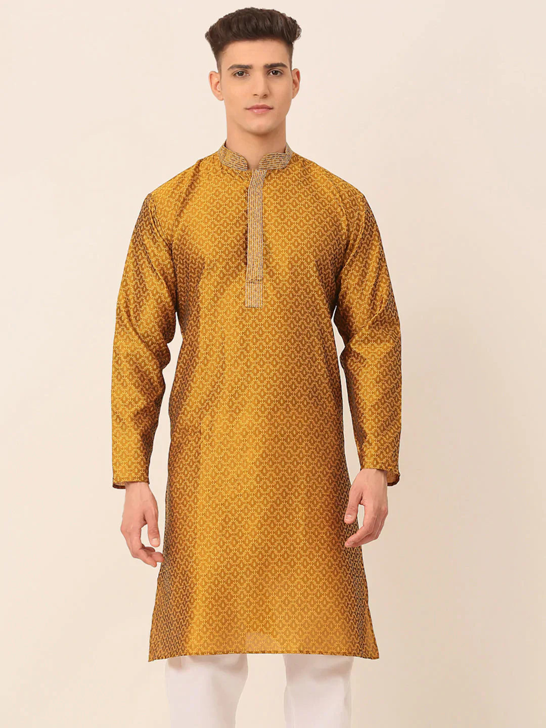 Jompers Men's Silk Blend Collar Embroidered Kurta only - Mustard