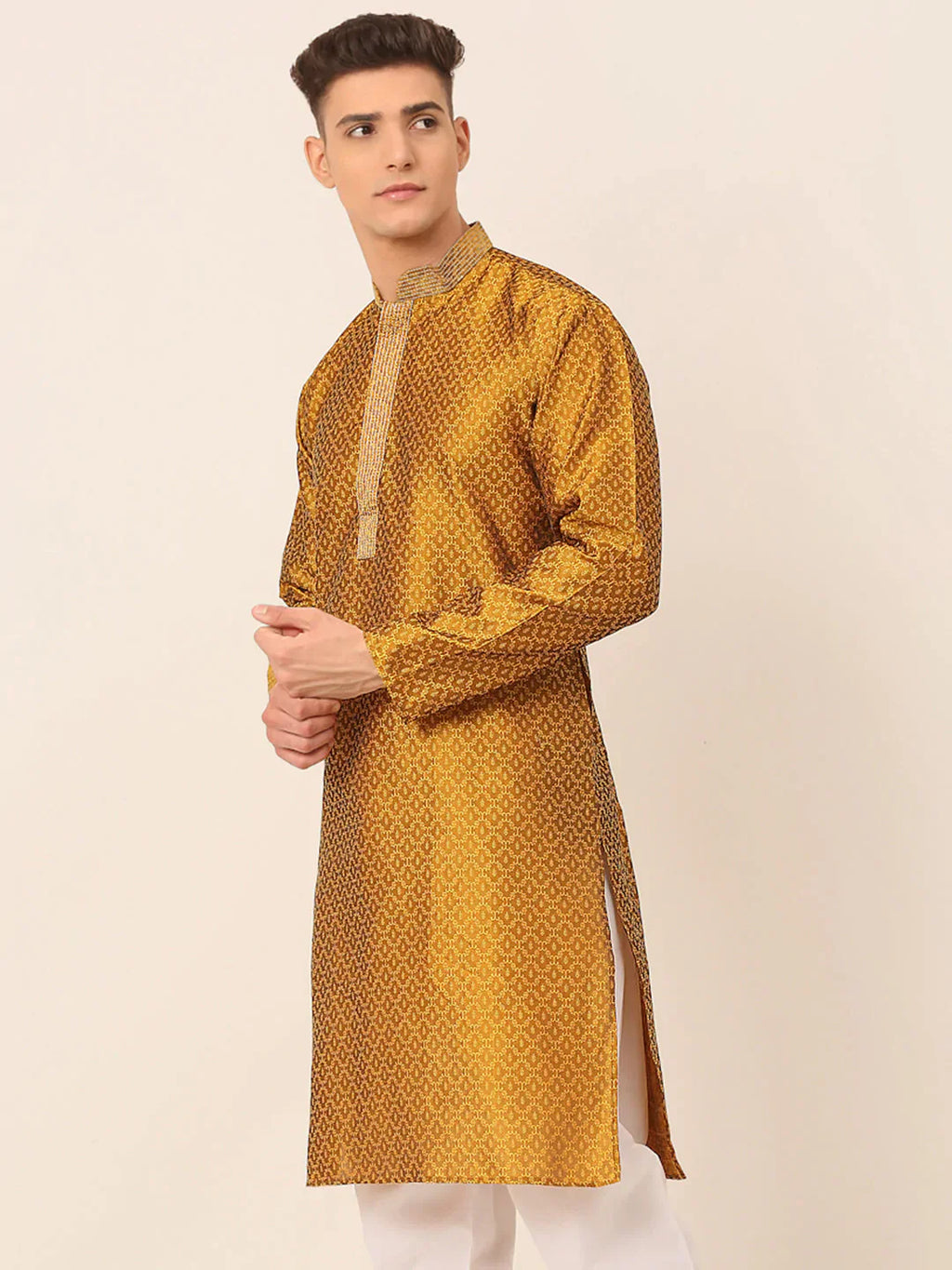 Jompers Men's Silk Blend Collar Embroidered Kurta only - Mustard