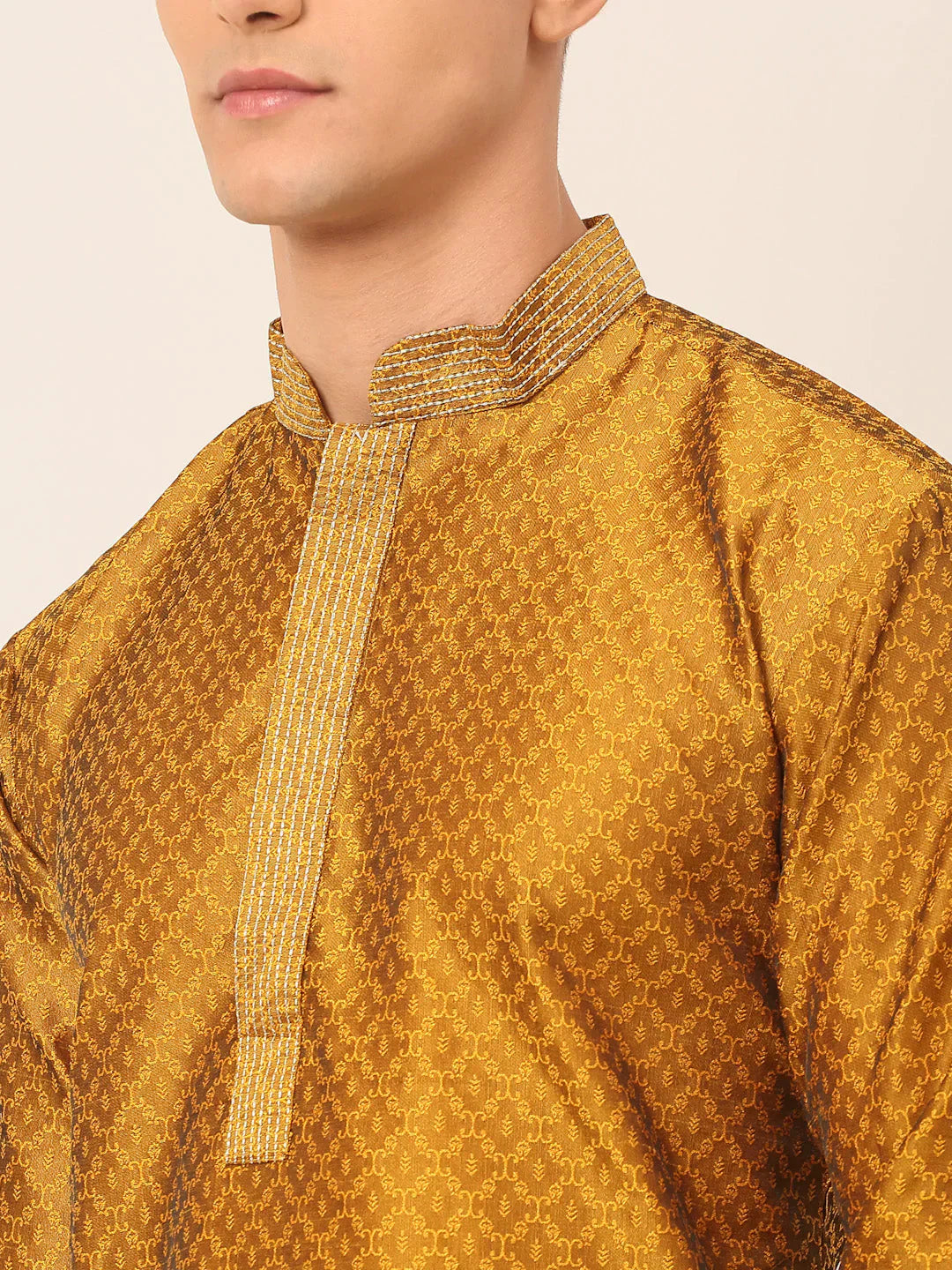 Jompers Men's Silk Blend Collar Embroidered Kurta only - Mustard
