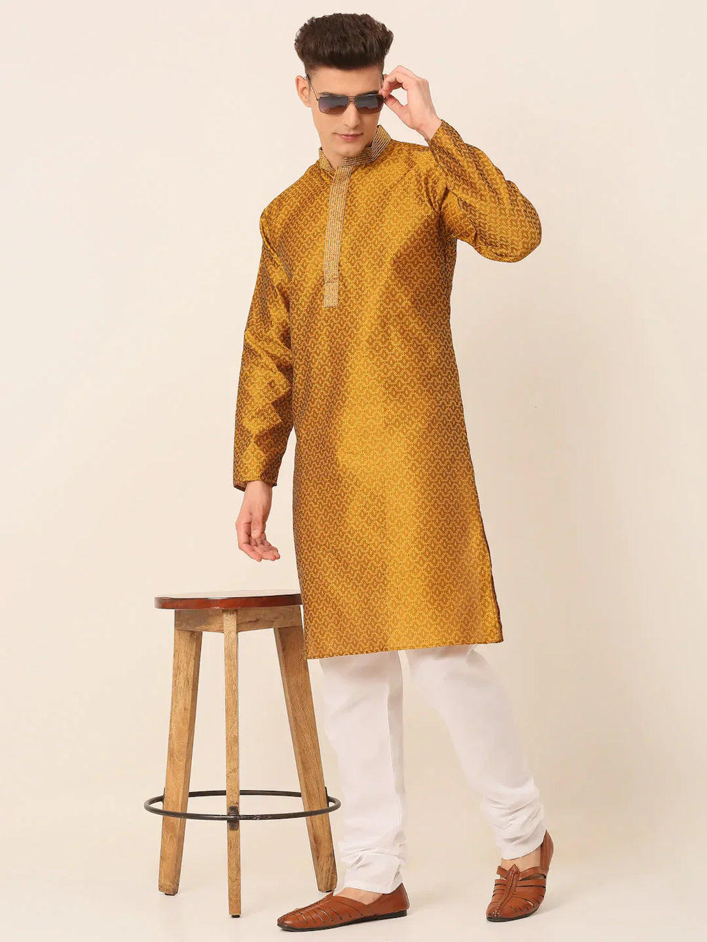 Jompers Men's Silk Blend Collar Embroidered Kurta only - Mustard