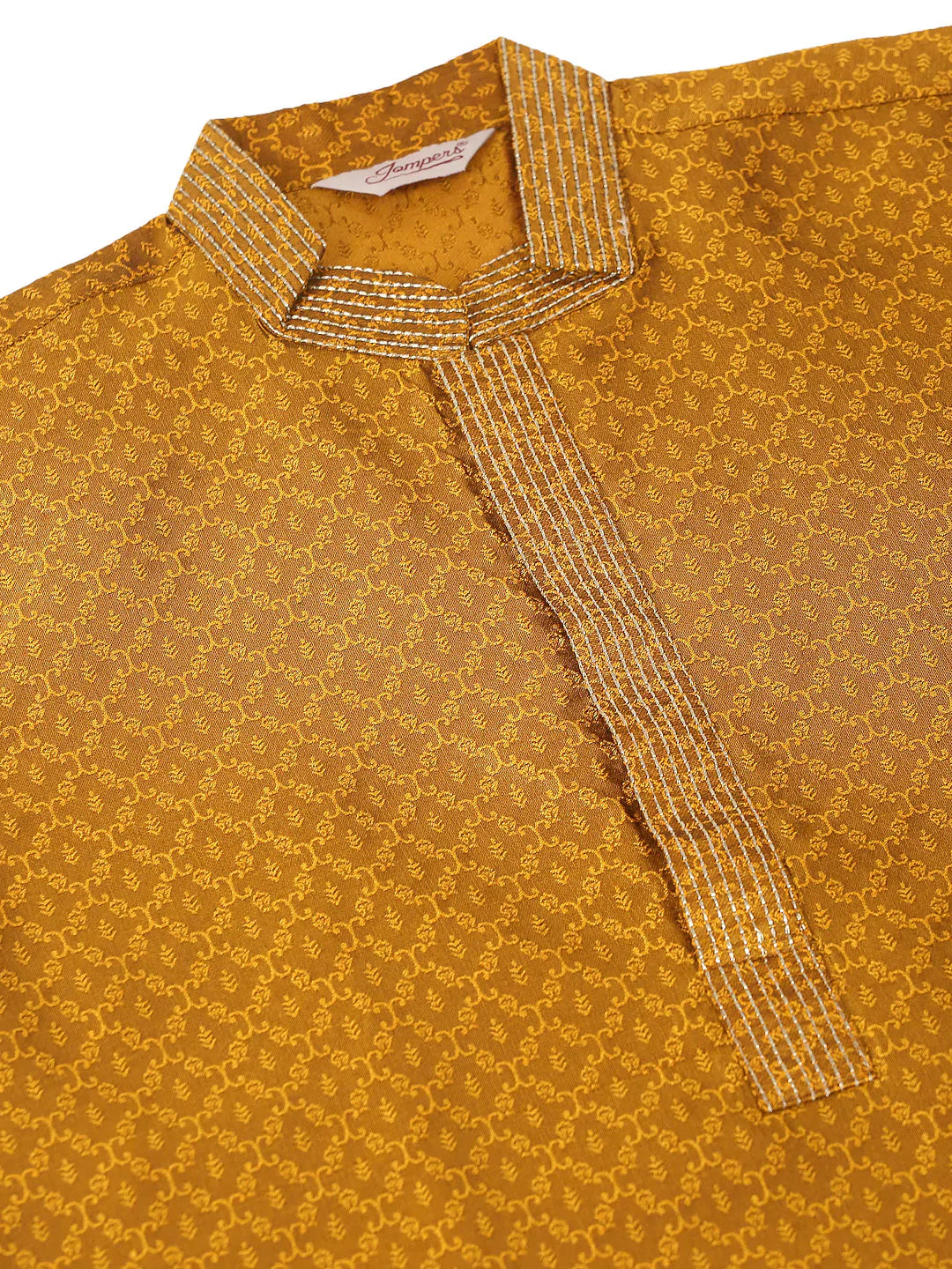 Jompers Men's Silk Blend Collar Embroidered Kurta only - Mustard