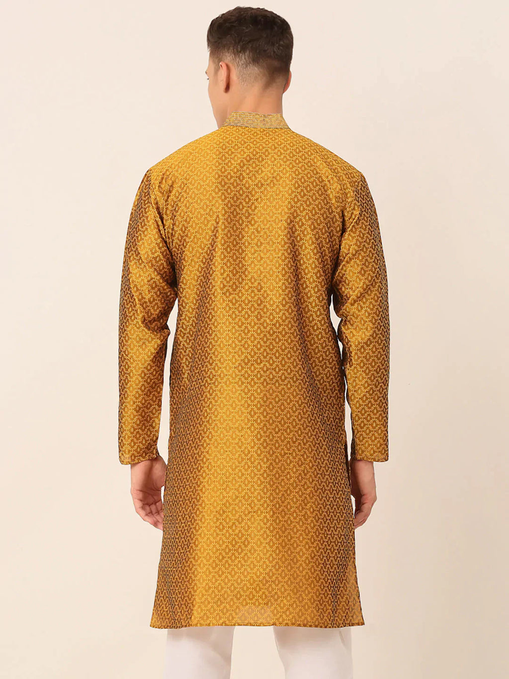 Jompers Men's Silk Blend Collar Embroidered Kurta only - Mustard