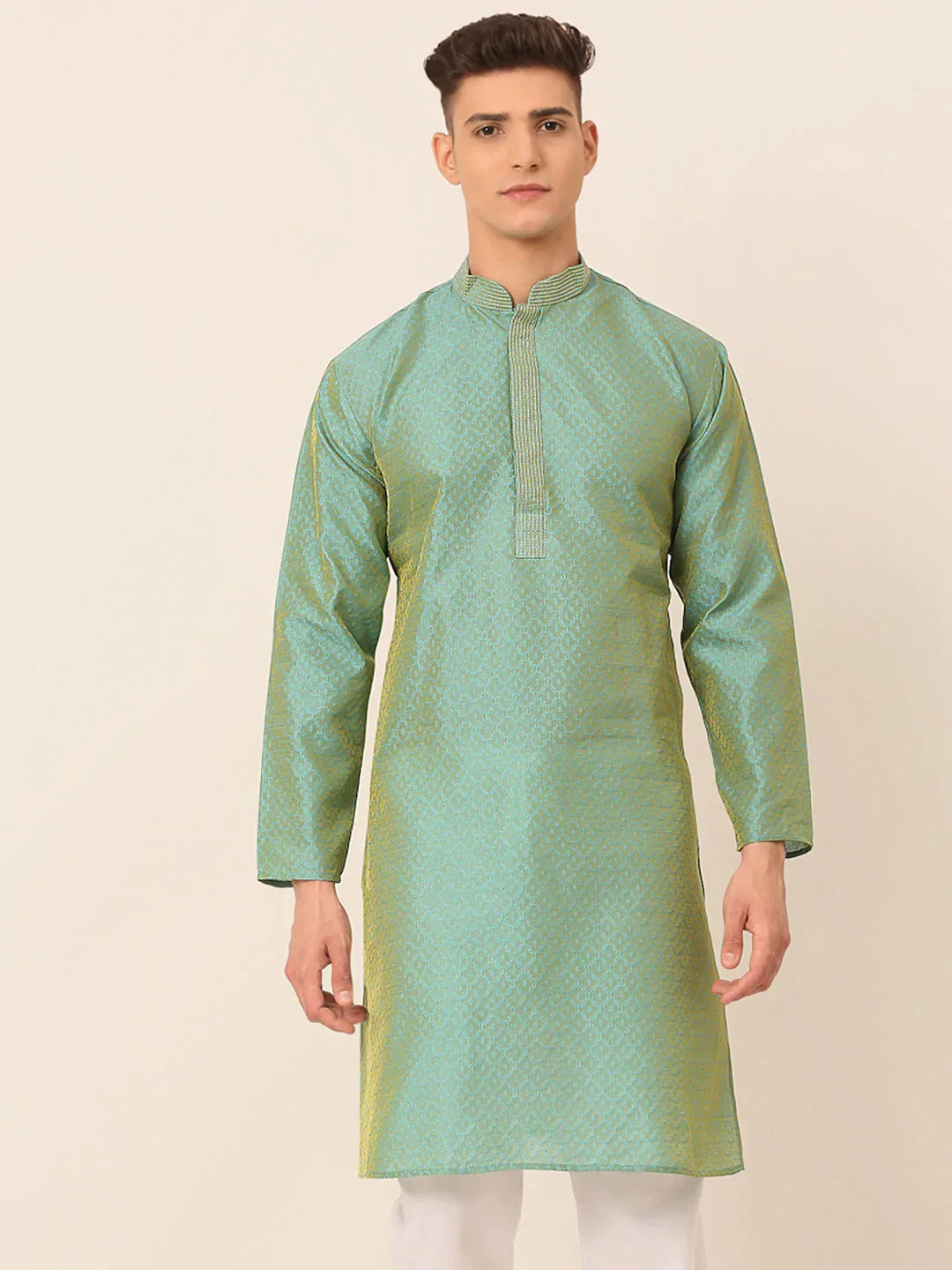 Jompers Men's Silk Blend Collar Embroidered Kurta only - Sea-Green