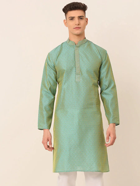 Jompers Men's Silk Blend Collar Embroidered Kurta only - Sea-Green
