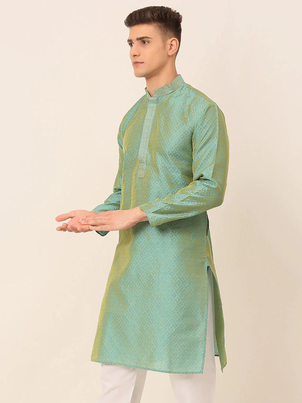 Jompers Men's Silk Blend Collar Embroidered Kurta only - Sea-Green