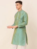 Jompers Men's Silk Blend Collar Embroidered Kurta only - Sea-Green