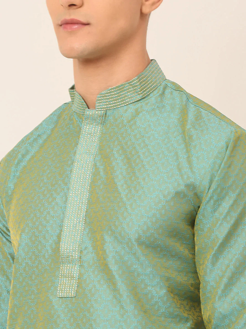 Jompers Men's Silk Blend Collar Embroidered Kurta only - Sea-Green