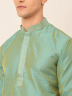 Jompers Men's Silk Blend Collar Embroidered Kurta only - Sea-Green