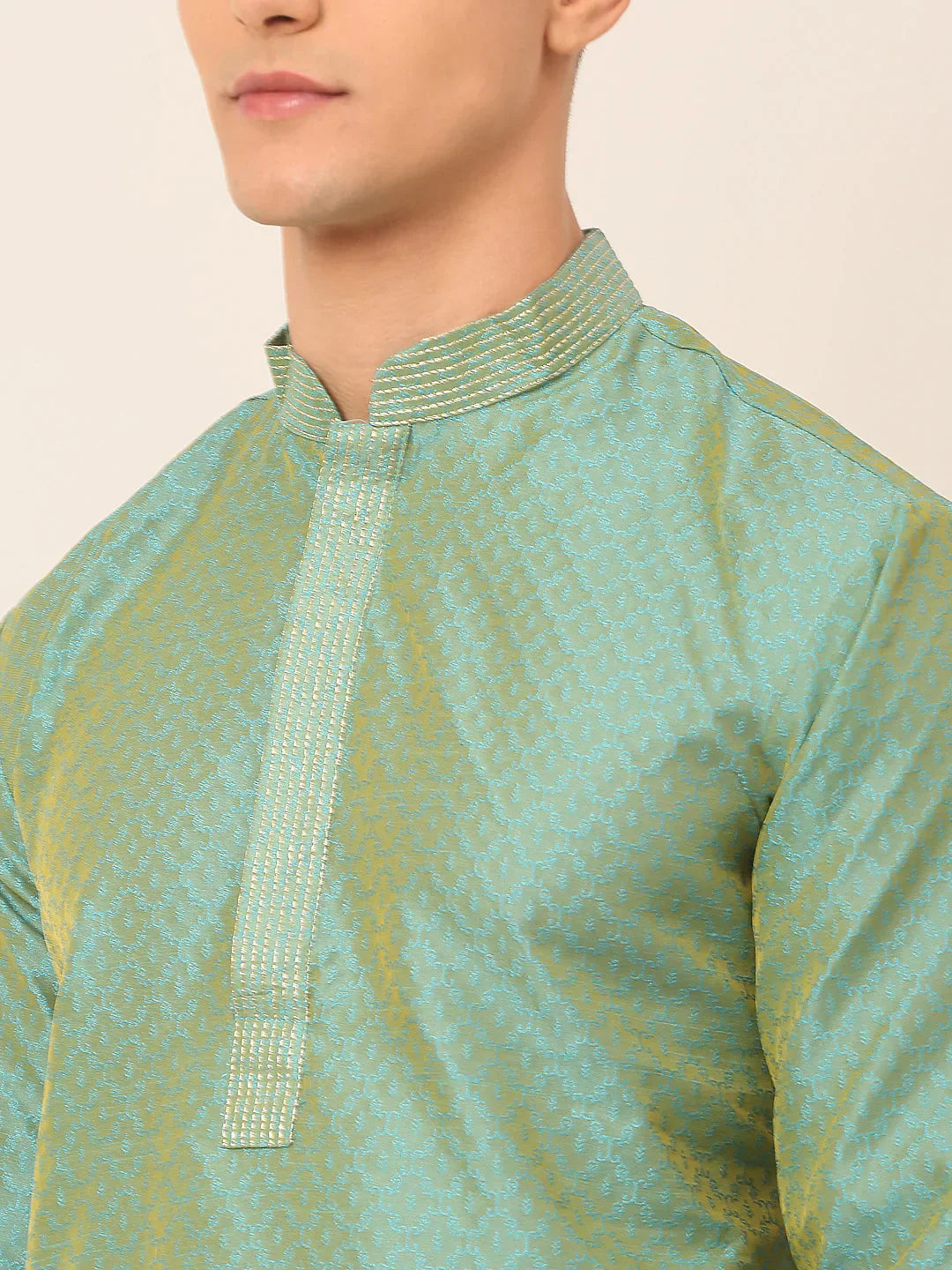 Jompers Men's Silk Blend Collar Embroidered Kurta only - Sea-Green