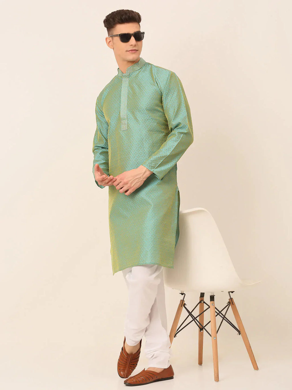 Jompers Men's Silk Blend Collar Embroidered Kurta only - Sea-Green