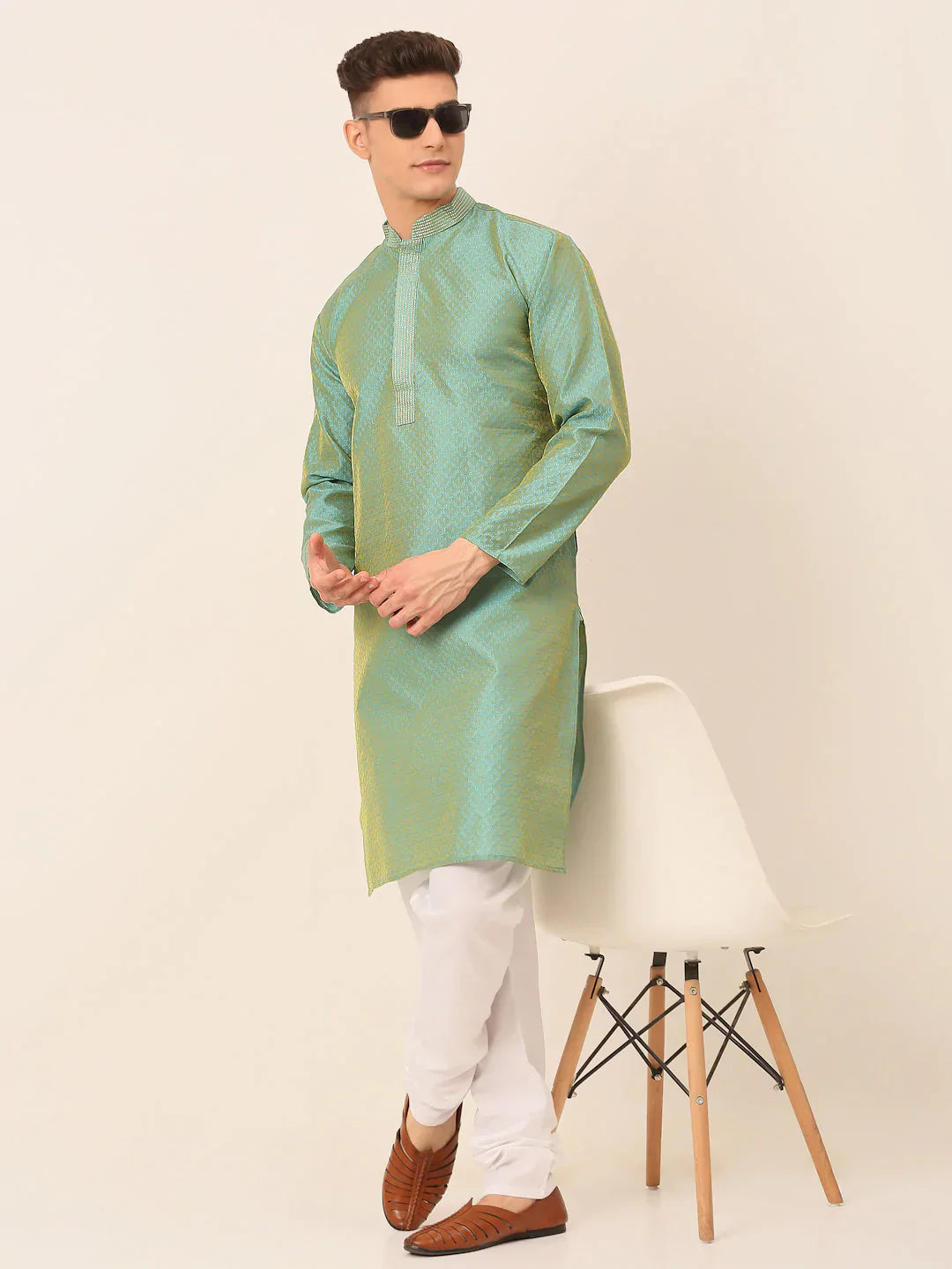 Jompers Men's Silk Blend Collar Embroidered Kurta only - Sea-Green