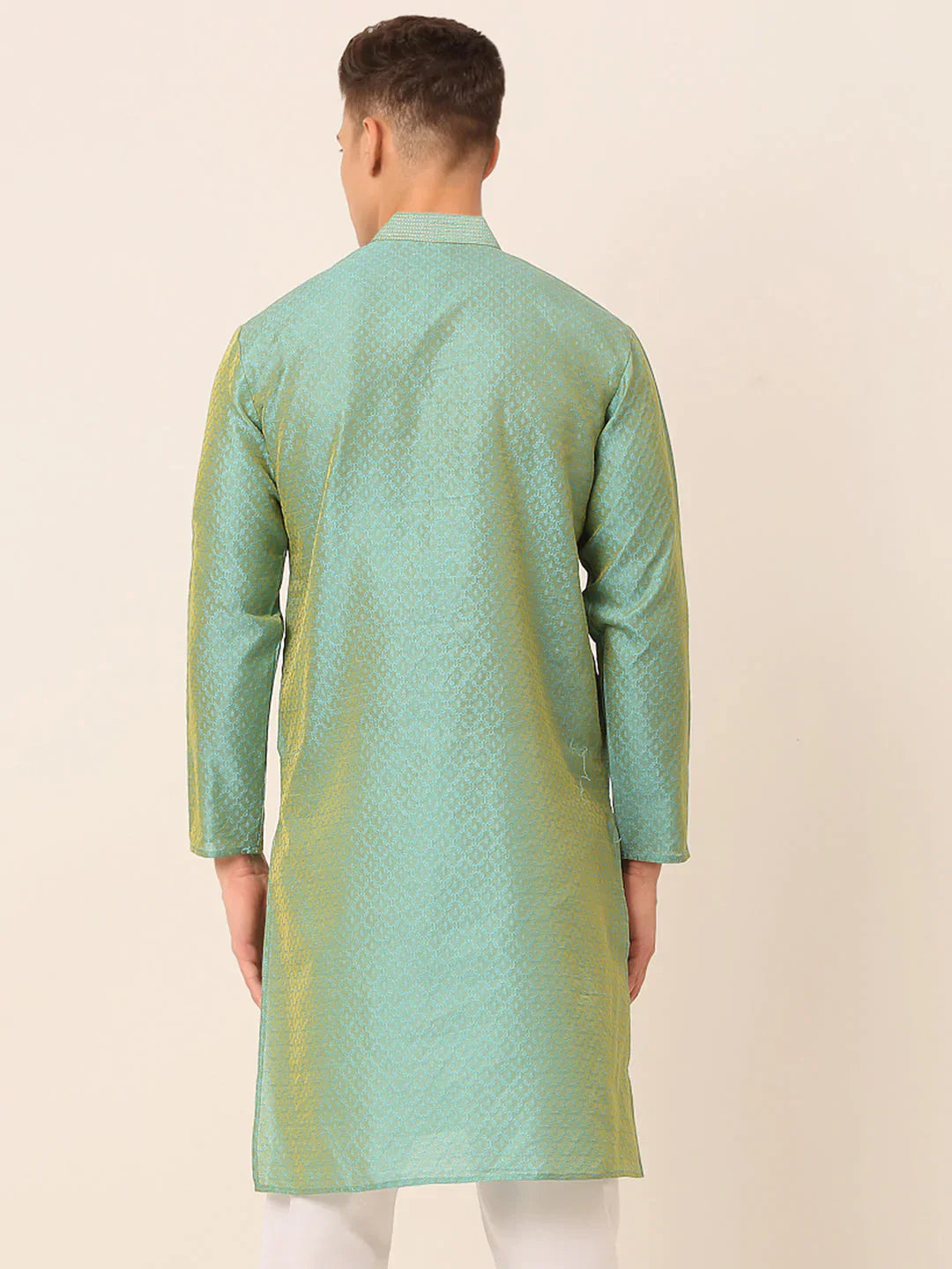 Jompers Men's Silk Blend Collar Embroidered Kurta only - Sea-Green