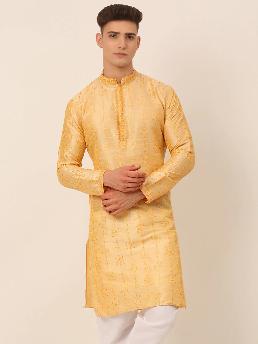 Jompers Men's Silk Blend Collar Embroidered Kurta Only - Golden