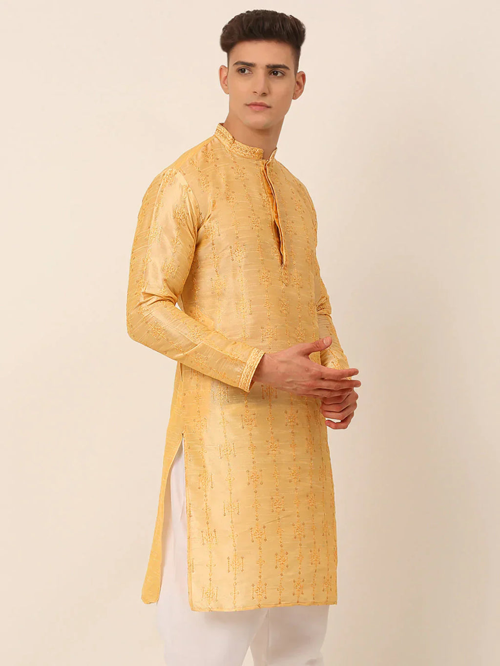 Jompers Men's Silk Blend Collar Embroidered Kurta Only - Golden