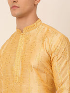 Jompers Men's Silk Blend Collar Embroidered Kurta Only - Golden