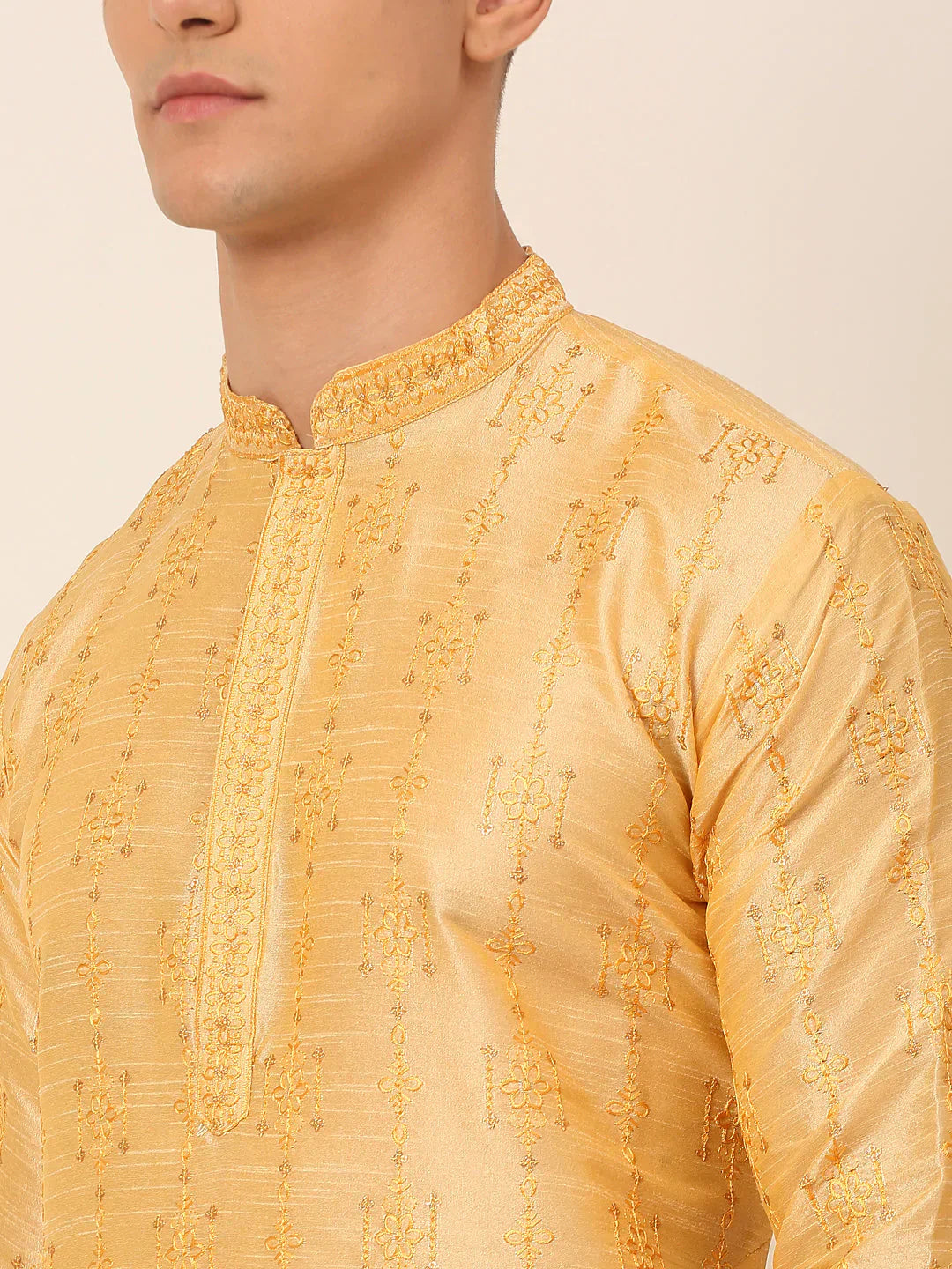 Jompers Men's Silk Blend Collar Embroidered Kurta Only - Golden