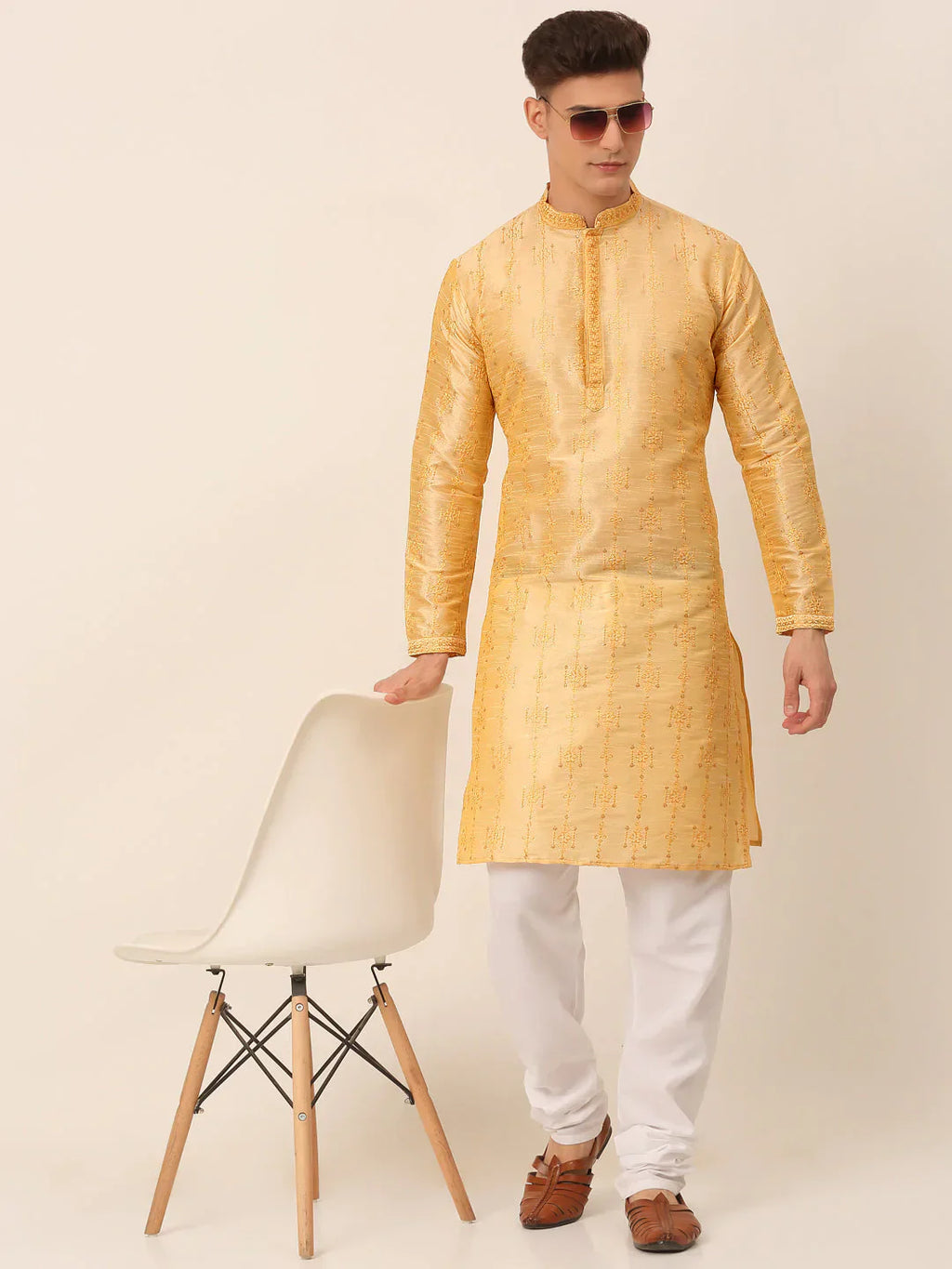 Jompers Men's Silk Blend Collar Embroidered Kurta Only - Golden