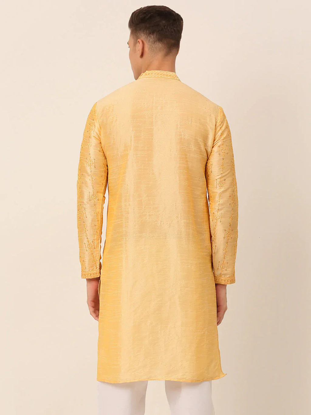 Jompers Men's Silk Blend Collar Embroidered Kurta Only - Golden