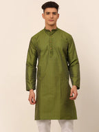 Jompers Men's Olive Green Striped Pleated Chikankari Kurta Only