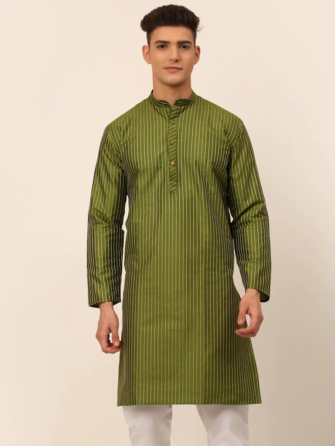 Jompers Men's Olive Green Striped Pleated Chikankari Kurta Only