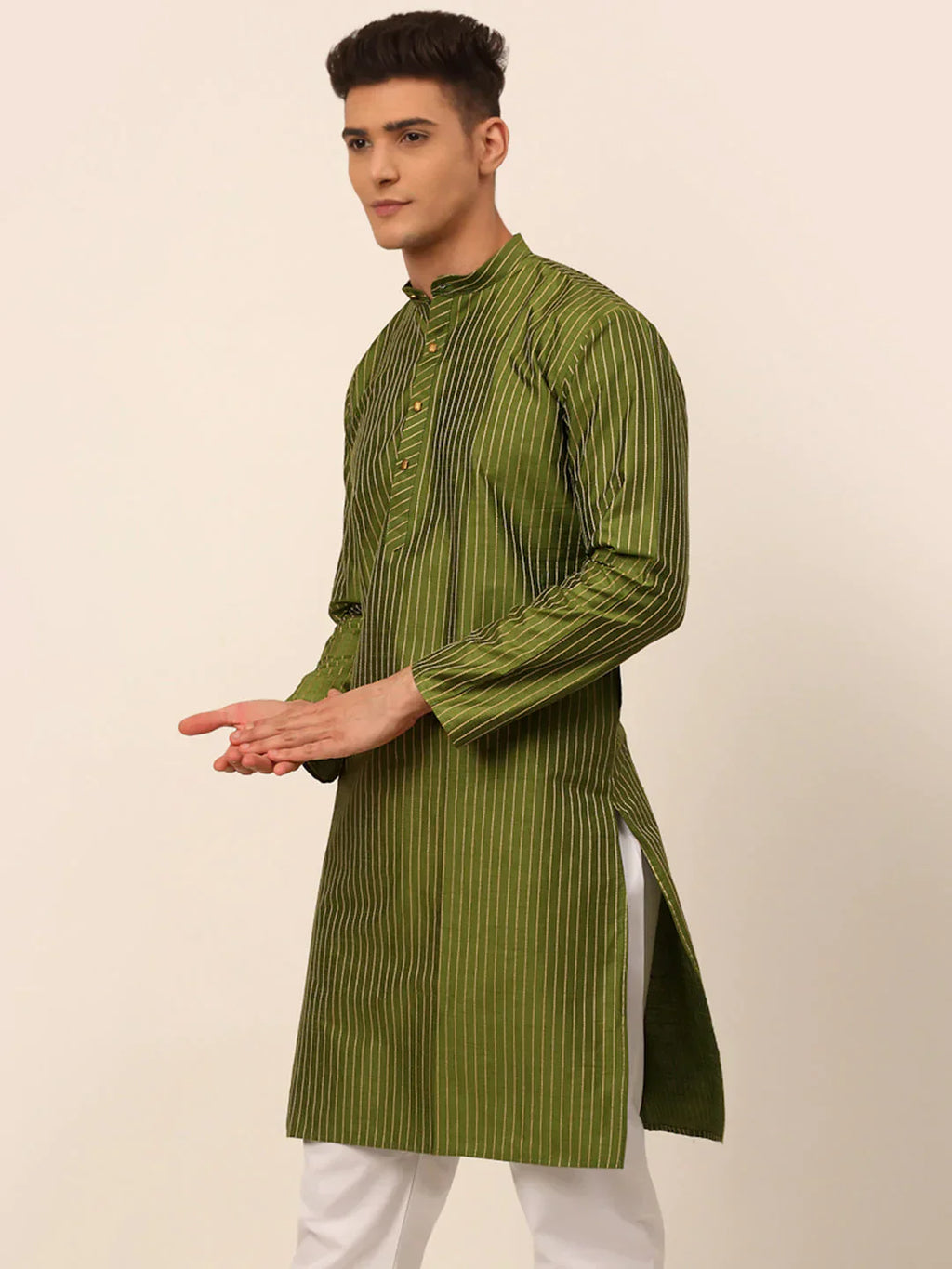 Jompers Men's Olive Green Striped Pleated Chikankari Kurta Only