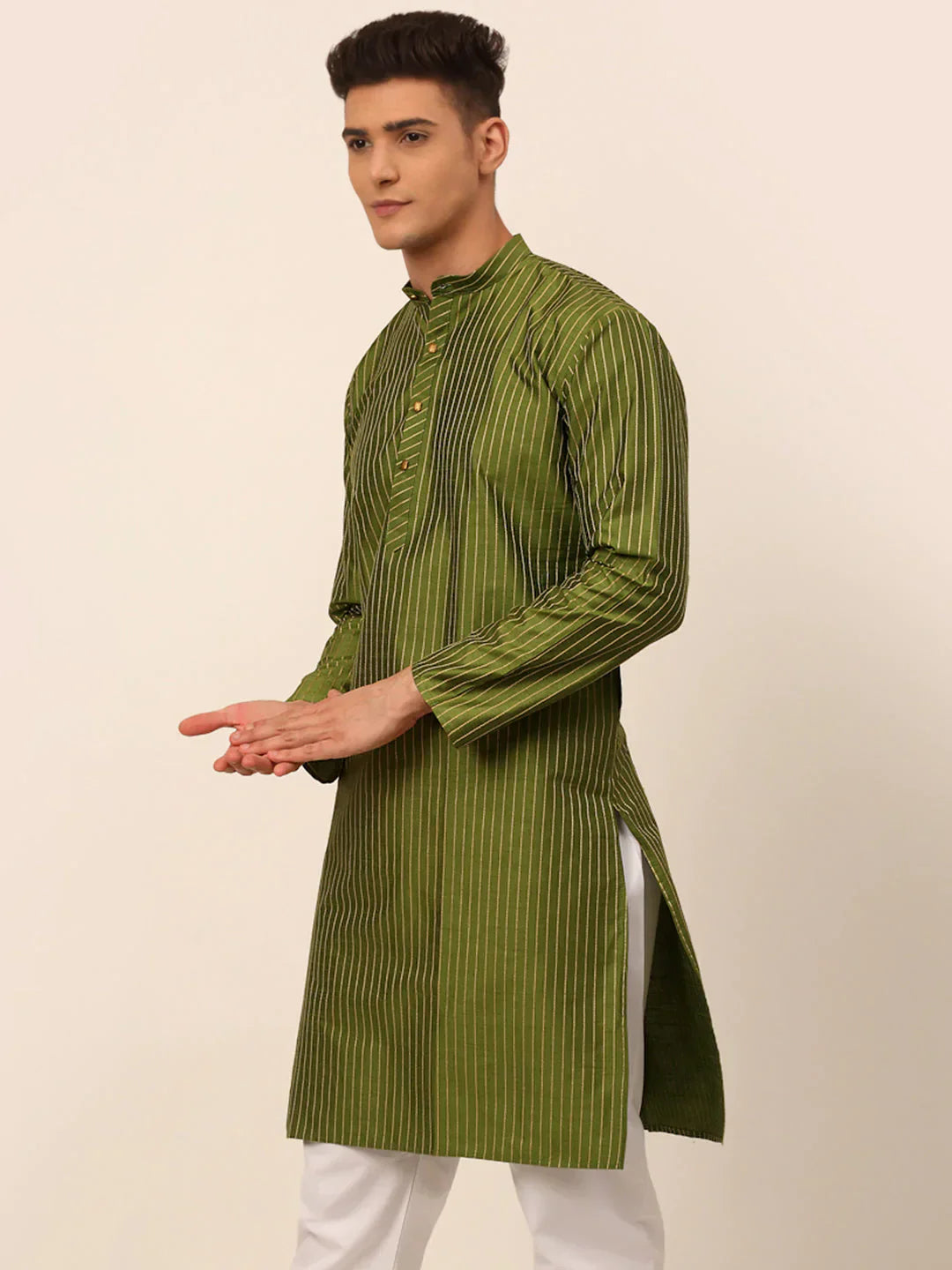 Jompers Men's Olive Green Striped Pleated Chikankari Kurta Only