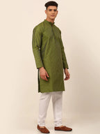 Jompers Men's Olive Green Striped Pleated Chikankari Kurta Only