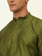 Jompers Men's Olive Green Striped Pleated Chikankari Kurta Only