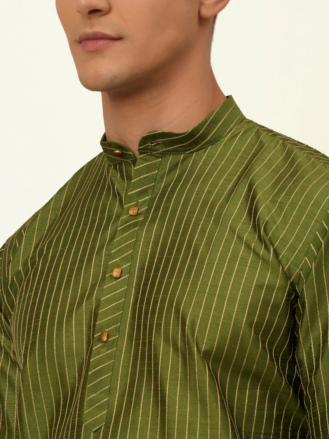 Jompers Men's Olive Green Striped Pleated Chikankari Kurta Only