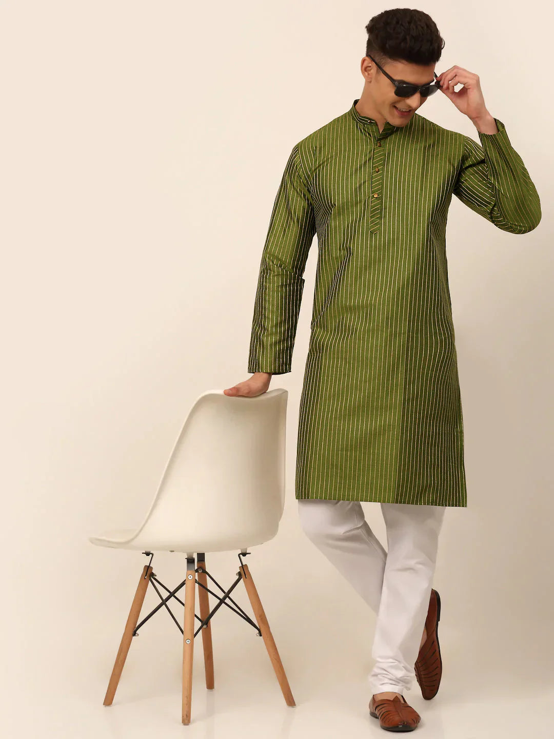 Jompers Men's Olive Green Striped Pleated Chikankari Kurta Only