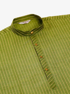 Jompers Men's Olive Green Striped Pleated Chikankari Kurta Only