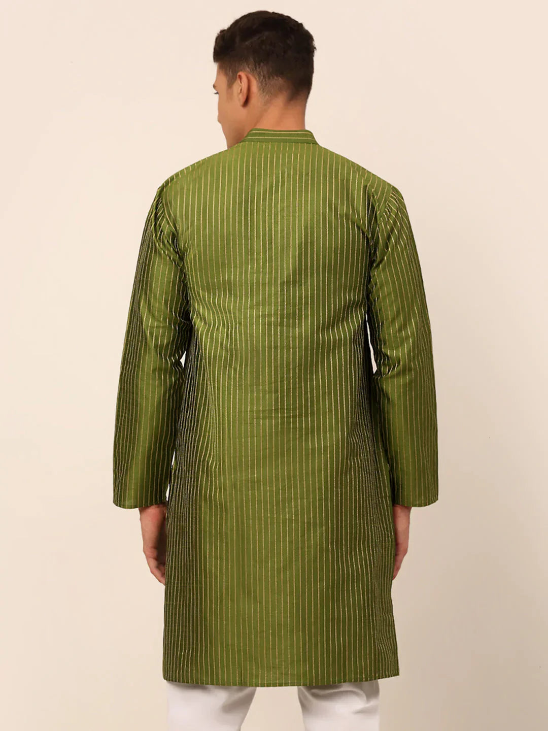 Jompers Men's Olive Green Striped Pleated Chikankari Kurta Only