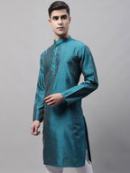 Jompers Men's Peacock Blue Embroidered Design Kurta