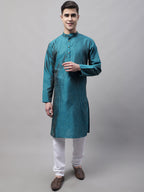 Jompers Men's Peacock Blue Embroidered Design Kurta