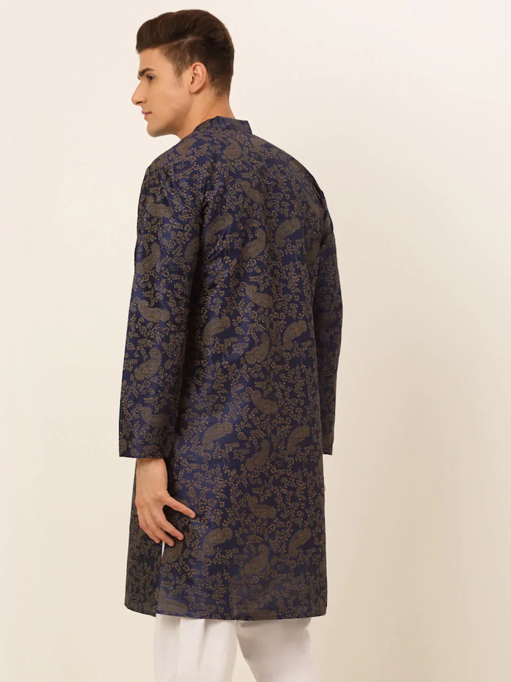 Jompers Men's Navy Blue Paisley Printed Kurta Only