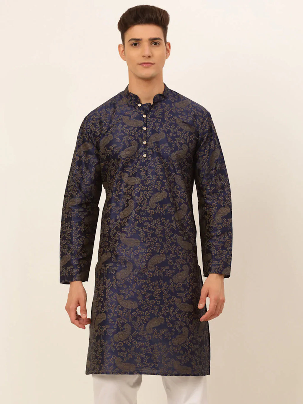 Jompers Men's Navy Blue Paisley Printed Kurta Only