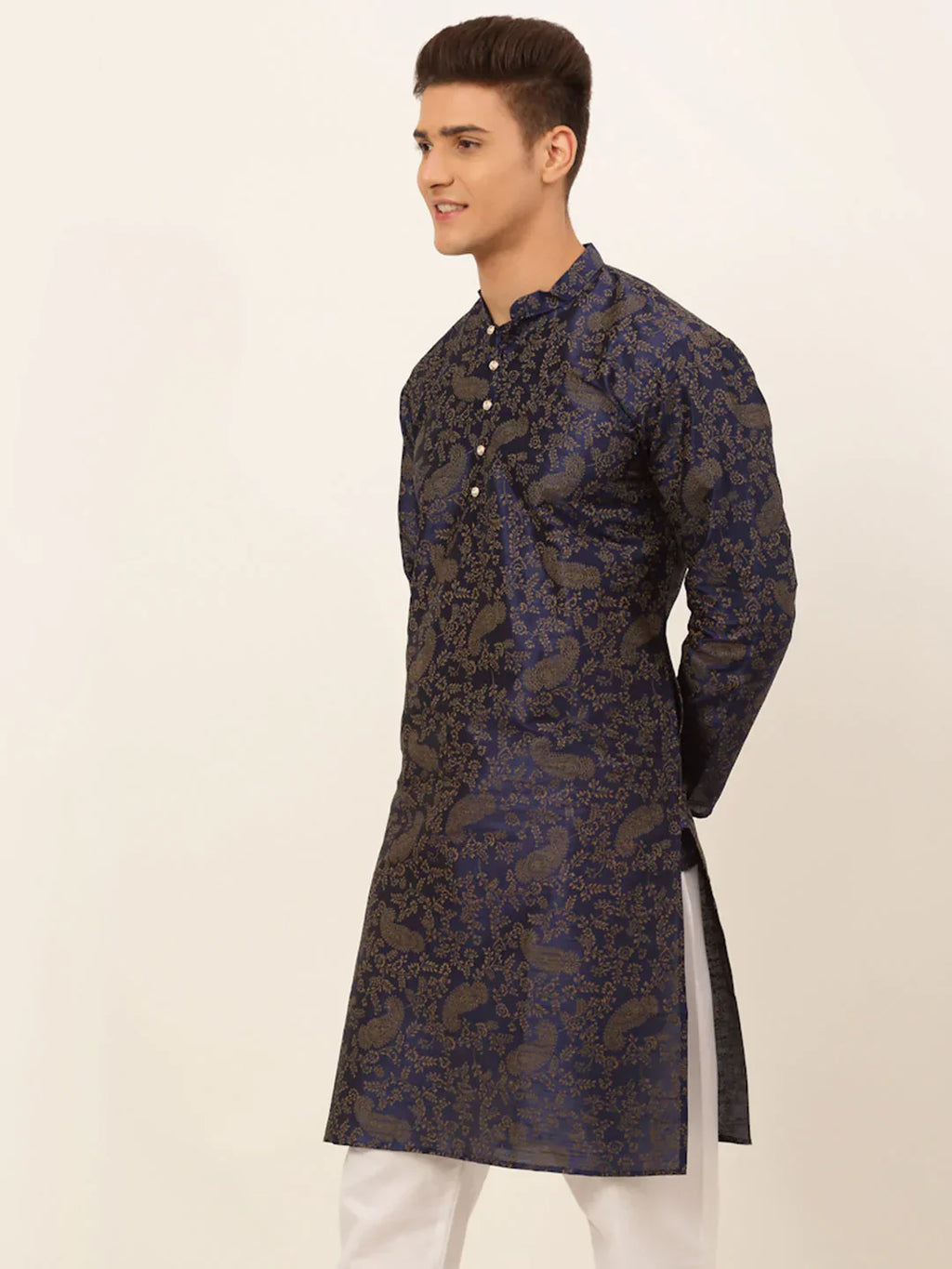 Jompers Men's Navy Blue Paisley Printed Kurta Only
