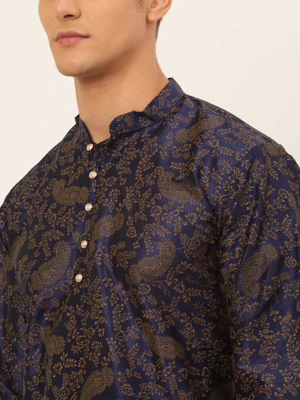 Jompers Men's Navy Blue Paisley Printed Kurta Only