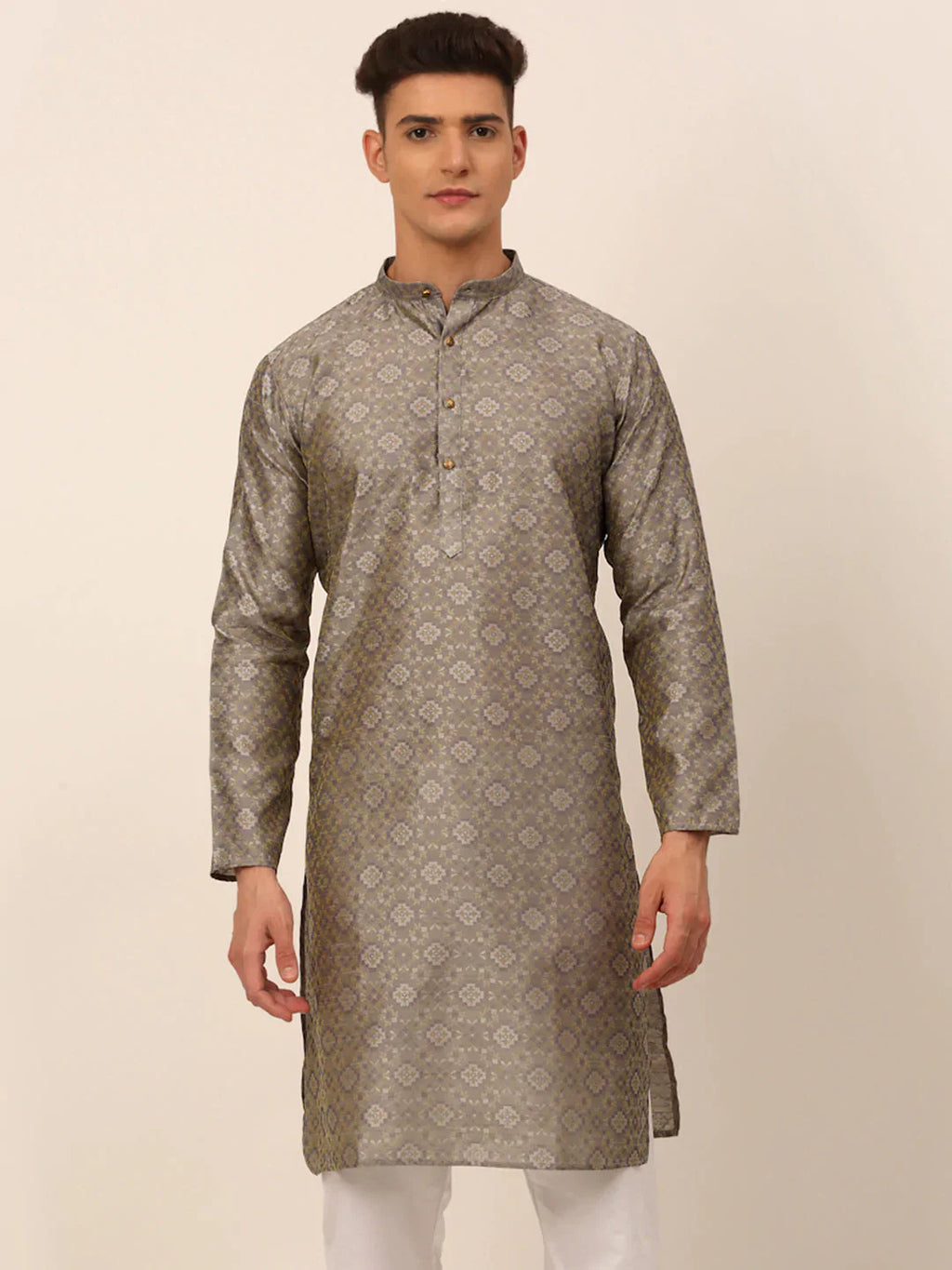 Jompers Men's Grey Floral Printed Kurta Only