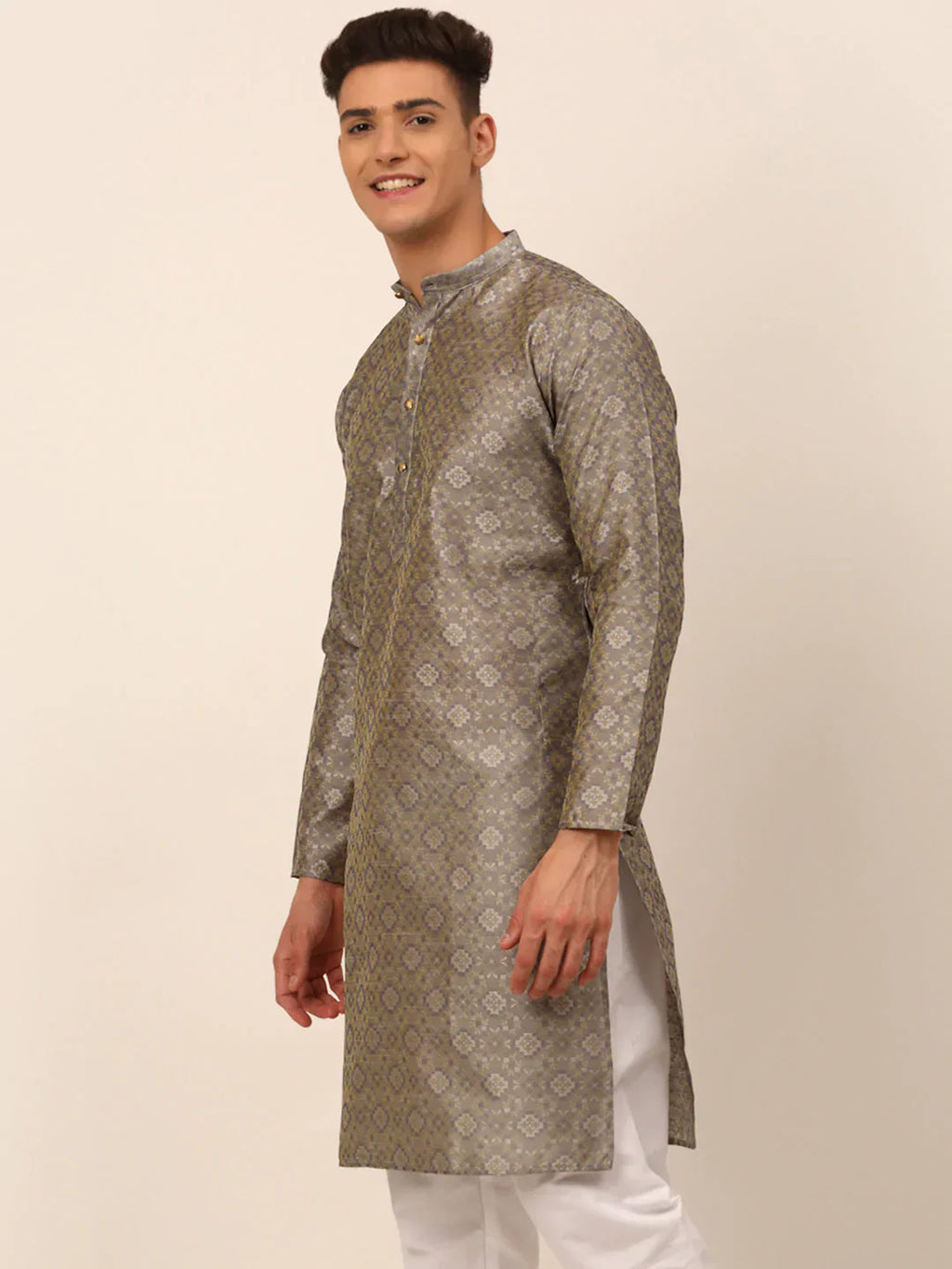 Jompers Men's Grey Floral Printed Kurta Only