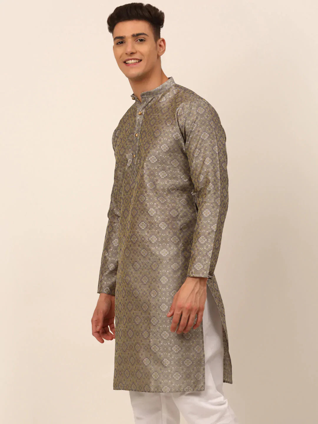 Jompers Men's Grey Floral Printed Kurta Only