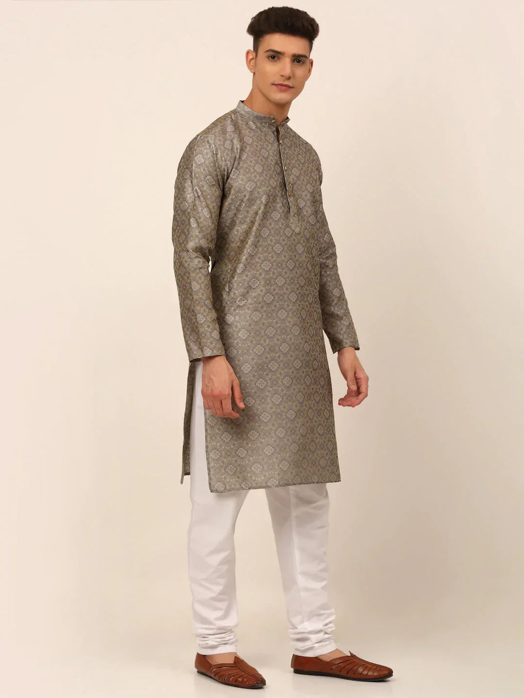Jompers Men's Grey Floral Printed Kurta Only