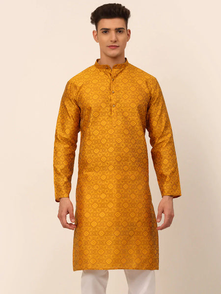 Jompers Men's Mustard Floral Printed Kurta Only