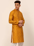 Jompers Men's Mustard Floral Printed Kurta Only