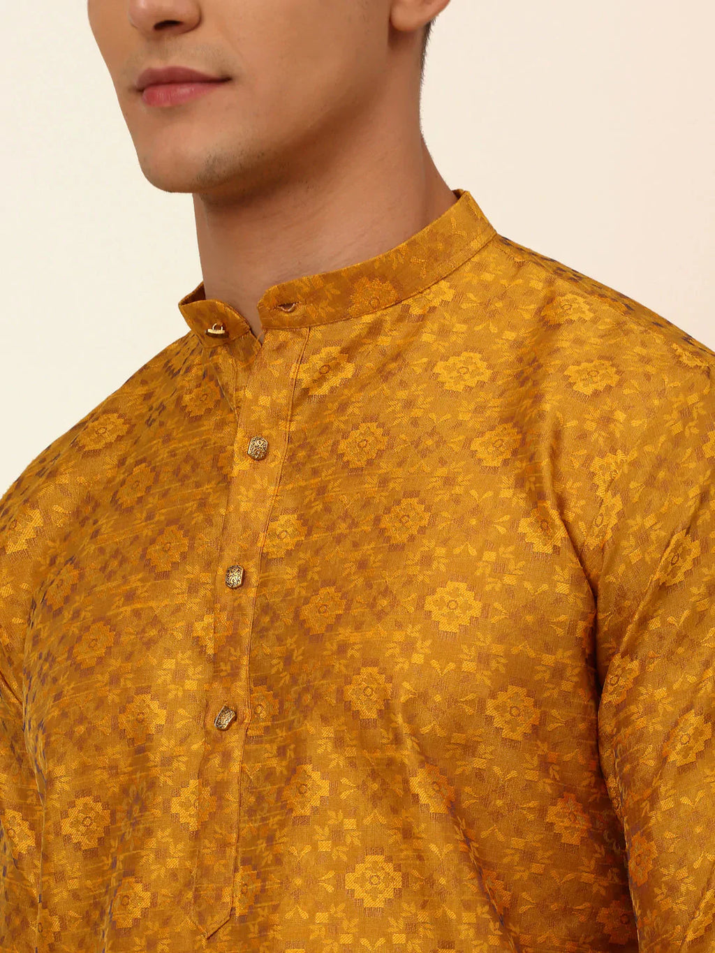 Jompers Men's Mustard Floral Printed Kurta Only