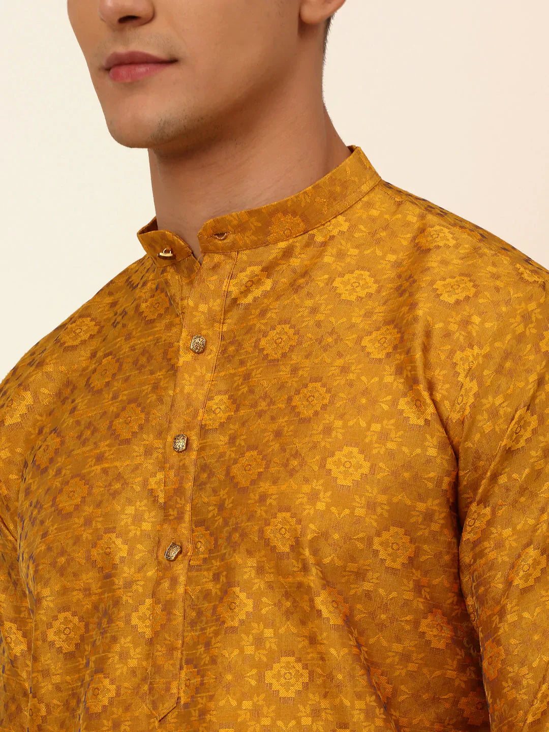 Jompers Men's Mustard Floral Printed Kurta Only