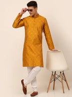 Jompers Men's Mustard Floral Printed Kurta Only